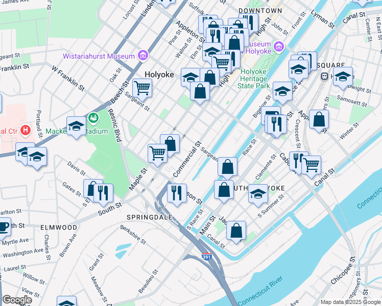 map of restaurants, bars, coffee shops, grocery stores, and more near 51 Commercial Street in Holyoke