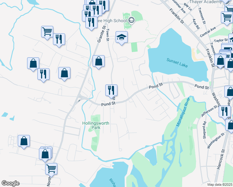 map of restaurants, bars, coffee shops, grocery stores, and more near 25 Town Street in Braintree