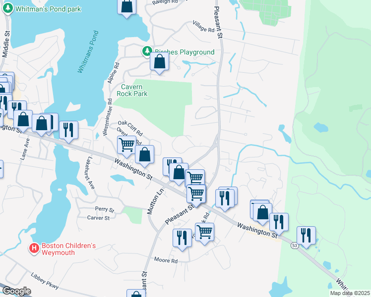map of restaurants, bars, coffee shops, grocery stores, and more near 14 Old Stone Way in Weymouth