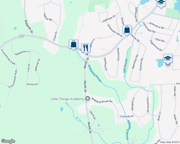 map of restaurants, bars, coffee shops, grocery stores, and more near 1424 North Street in Walpole