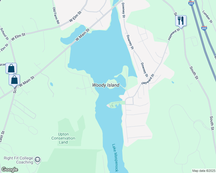 map of restaurants, bars, coffee shops, grocery stores, and more near 33 Woody Island Road in Hopkinton