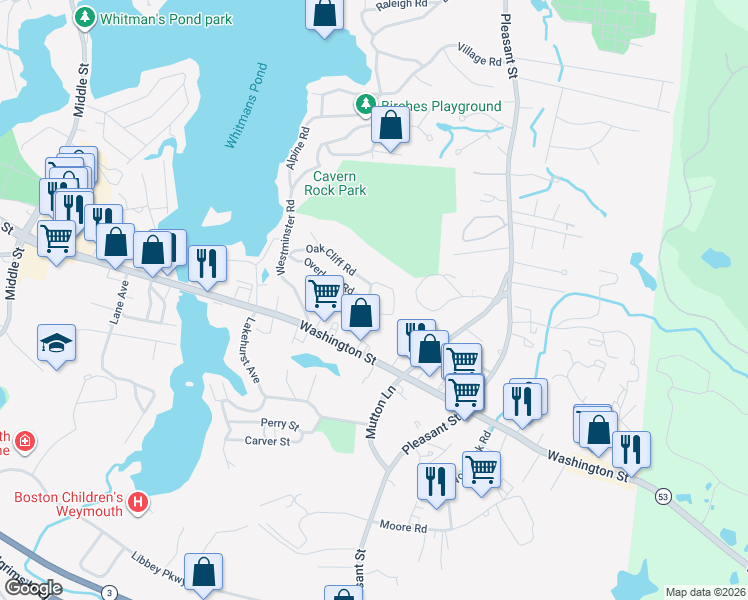 map of restaurants, bars, coffee shops, grocery stores, and more near 20 Chapman Street in Weymouth