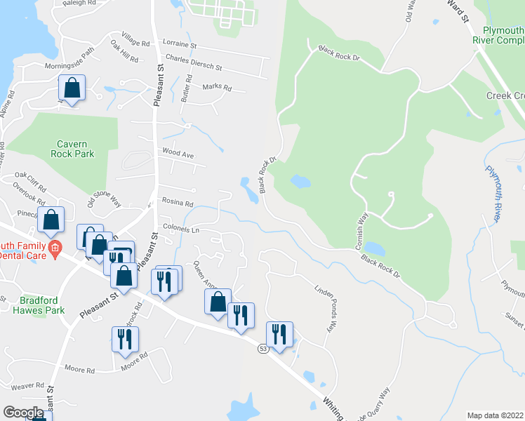 map of restaurants, bars, coffee shops, grocery stores, and more near 7 Black Rock Drive in Hingham
