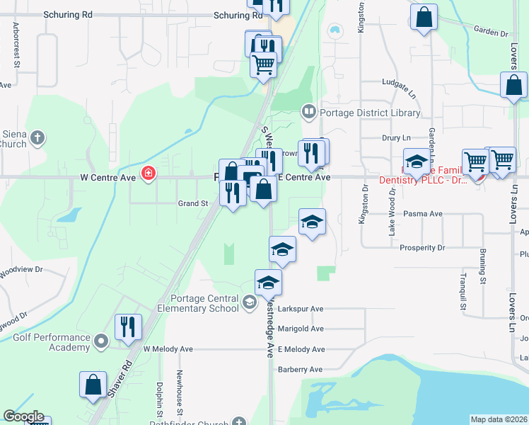 map of restaurants, bars, coffee shops, grocery stores, and more near 8108 South Westnedge Avenue in Portage