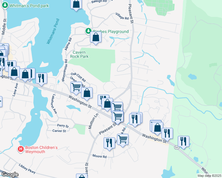 map of restaurants, bars, coffee shops, grocery stores, and more near 14 Old Stone Way in Weymouth