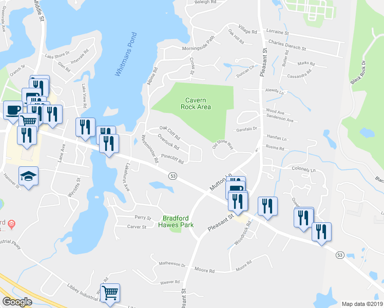 map of restaurants, bars, coffee shops, grocery stores, and more near 20 Chapman Street in Weymouth