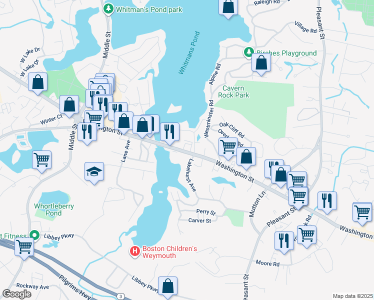 map of restaurants, bars, coffee shops, grocery stores, and more near 986 Washington Street in Weymouth
