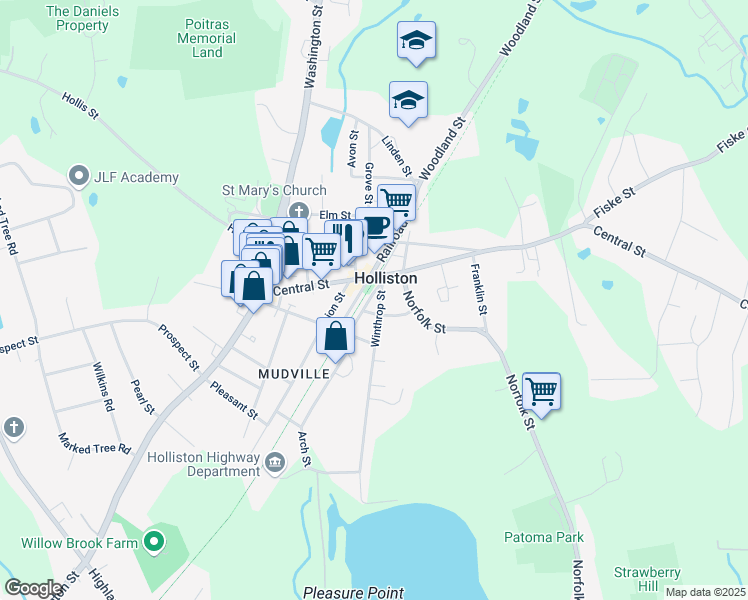 map of restaurants, bars, coffee shops, grocery stores, and more near 38 Railroad Street in Holliston