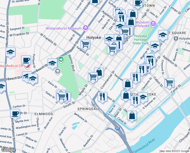map of restaurants, bars, coffee shops, grocery stores, and more near 475 Maple Street in Holyoke