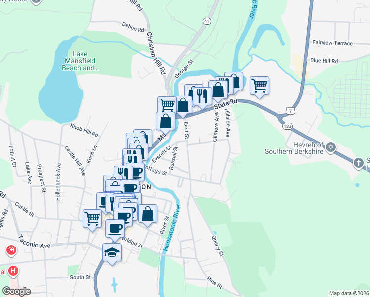 map of restaurants, bars, coffee shops, grocery stores, and more near 54 Russell Street in Great Barrington