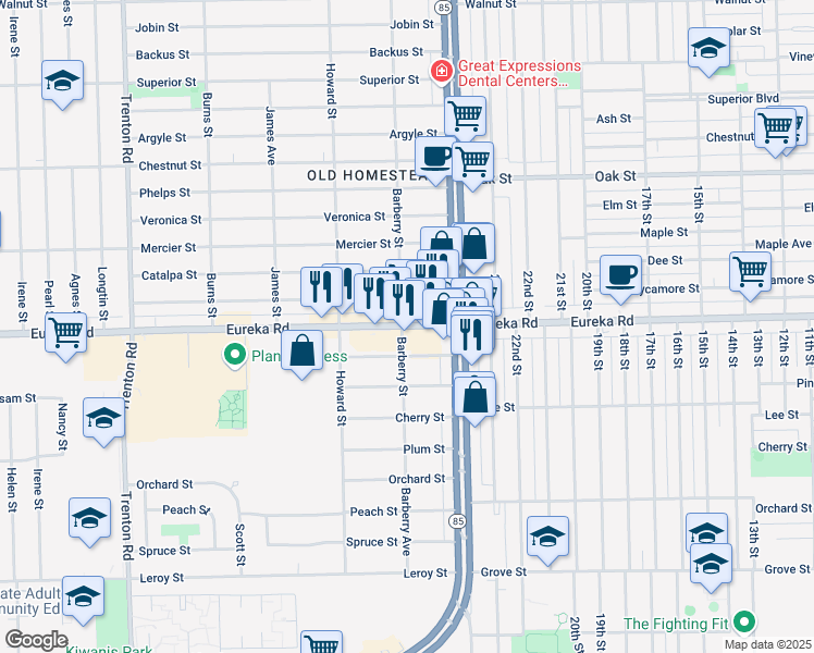map of restaurants, bars, coffee shops, grocery stores, and more near 13008 Eureka Road in Southgate