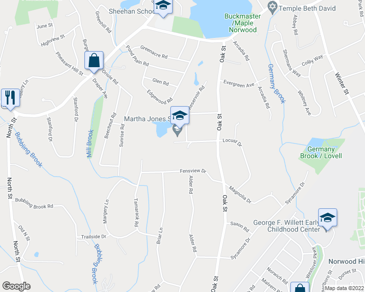 map of restaurants, bars, coffee shops, grocery stores, and more near 59 Spruce Drive in Westwood