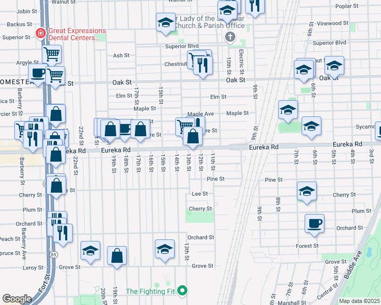 map of restaurants, bars, coffee shops, grocery stores, and more near 1323 Eureka Road in Wyandotte