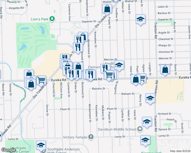 map of restaurants, bars, coffee shops, grocery stores, and more near 14716 Eureka Road in Southgate