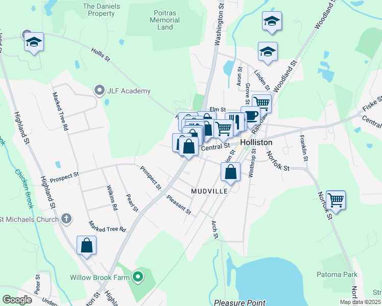 map of restaurants, bars, coffee shops, grocery stores, and more near 817 Washington Street in Holliston