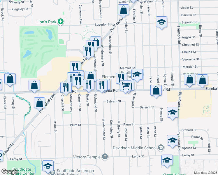 map of restaurants, bars, coffee shops, grocery stores, and more near 14716 Eureka Road in Southgate