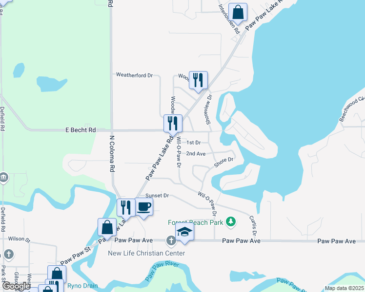 map of restaurants, bars, coffee shops, grocery stores, and more near 4851 Wil-O-Paw Drive in Coloma