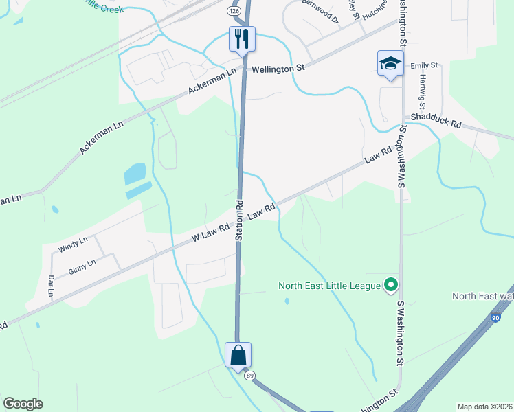 map of restaurants, bars, coffee shops, grocery stores, and more near 4435 State Highway 89 in North East
