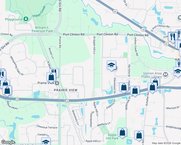 map of restaurants, bars, coffee shops, grocery stores, and more near 23152 North Apple Hill Lane in Lake County