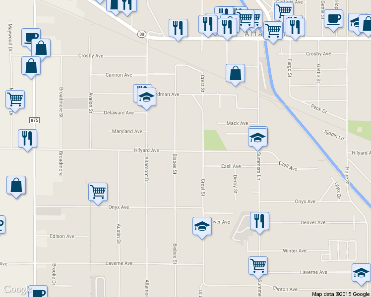 map of restaurants, bars, coffee shops, grocery stores, and more near 3607 Hilyard Avenue in Klamath Falls