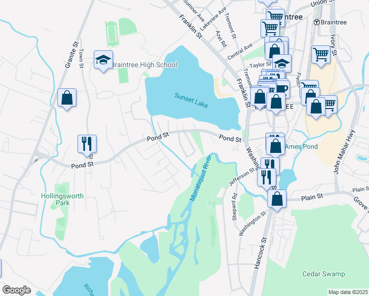 map of restaurants, bars, coffee shops, grocery stores, and more near 20 Rose Avenue in Braintree