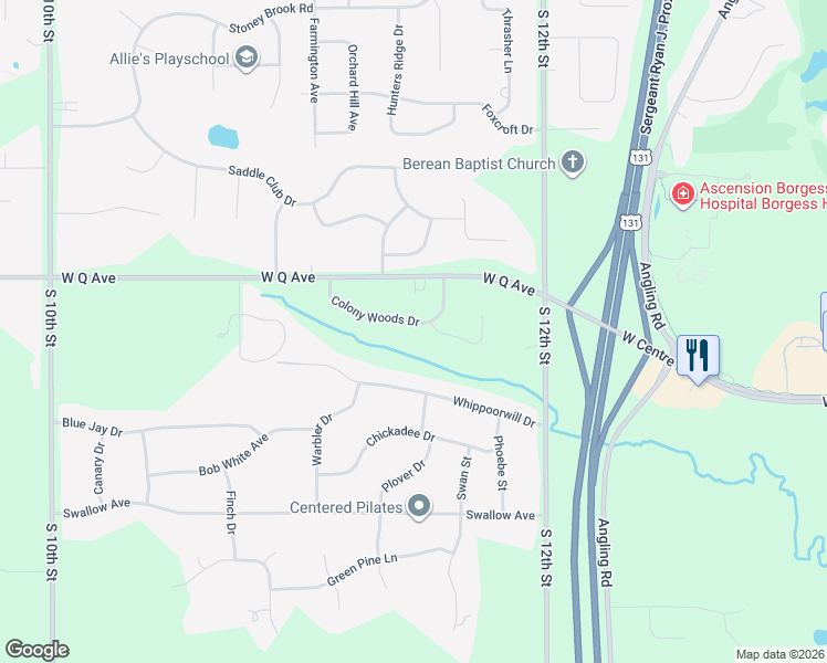 map of restaurants, bars, coffee shops, grocery stores, and more near 5251 Colony Woods Drive in Kalamazoo