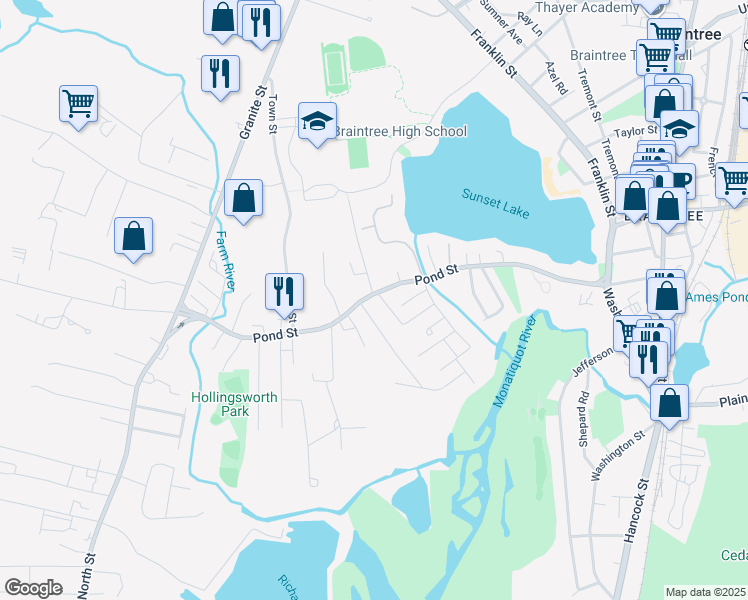 map of restaurants, bars, coffee shops, grocery stores, and more near 226 Pond Street in Braintree