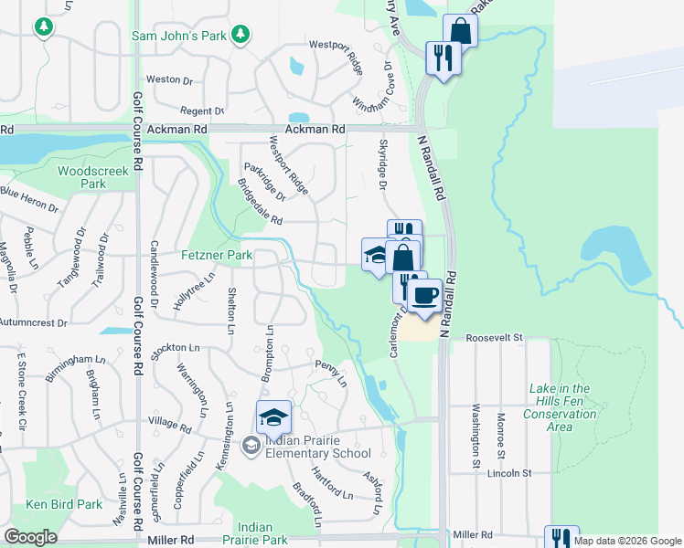 map of restaurants, bars, coffee shops, grocery stores, and more near 1581 Glacier Circle in Crystal Lake
