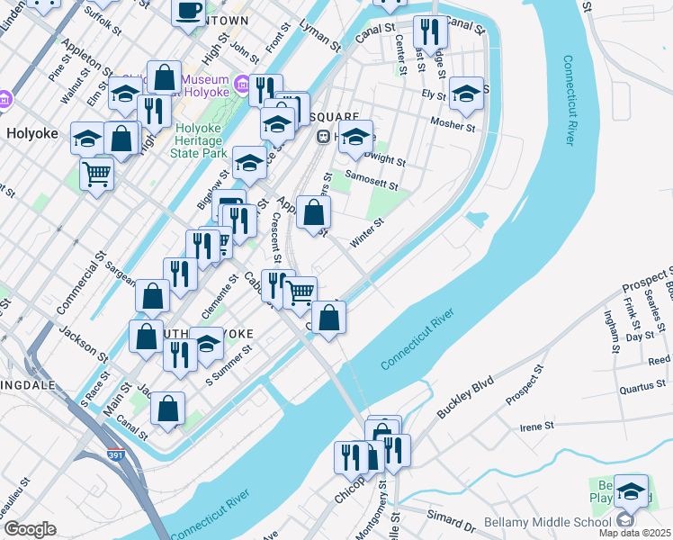 map of restaurants, bars, coffee shops, grocery stores, and more near 106 Winter Street in Holyoke