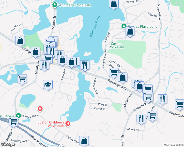 map of restaurants, bars, coffee shops, grocery stores, and more near 986 Washington Street in Weymouth