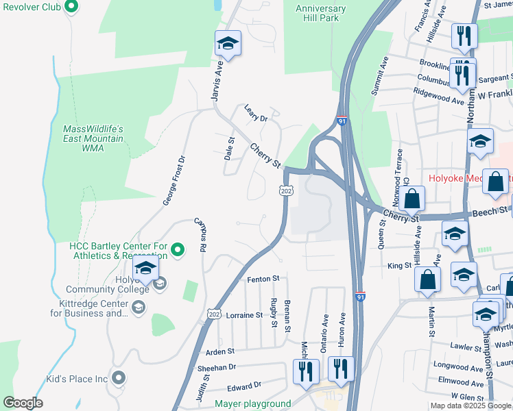 map of restaurants, bars, coffee shops, grocery stores, and more near 22 Maple Crest Circle in Holyoke