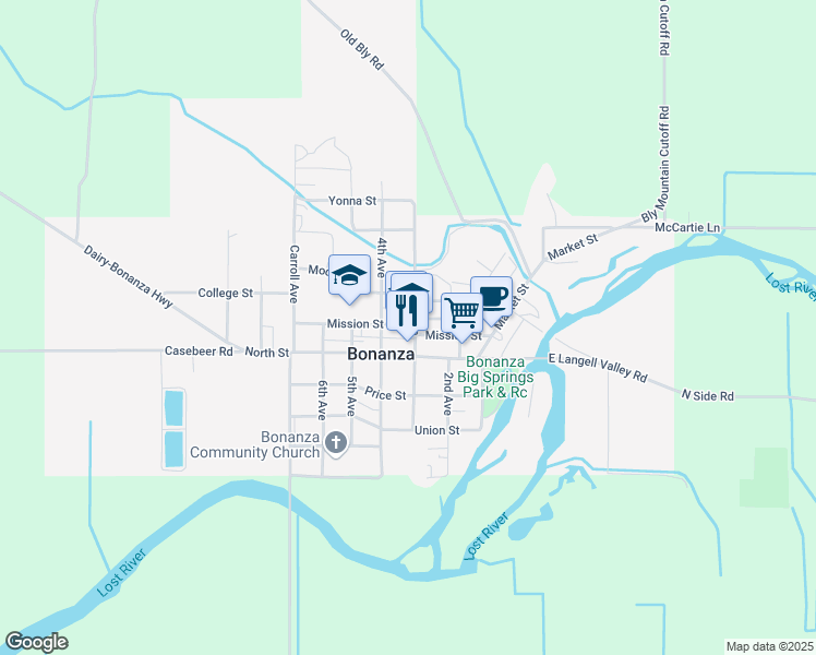 map of restaurants, bars, coffee shops, grocery stores, and more near 31610 Mission Street in Bonanza