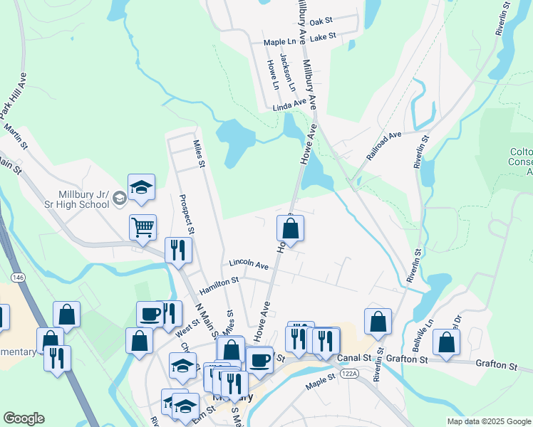 map of restaurants, bars, coffee shops, grocery stores, and more near 8 Patriots Place in Millbury