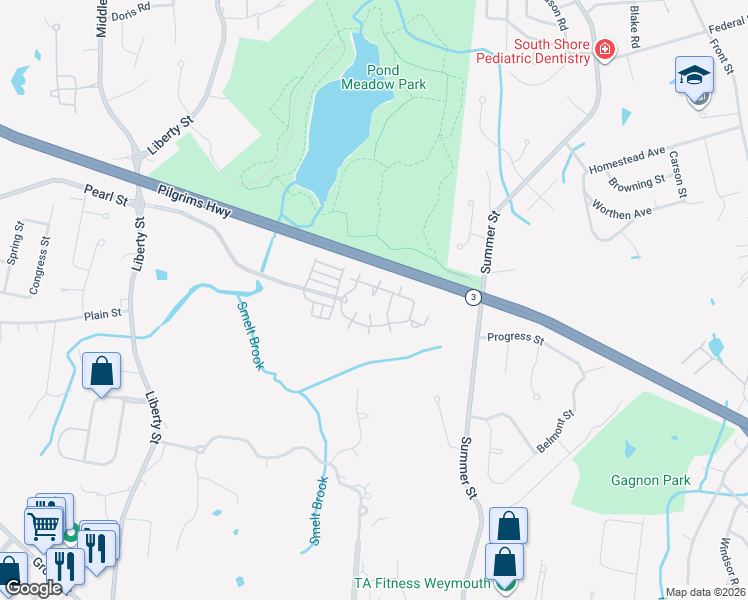map of restaurants, bars, coffee shops, grocery stores, and more near 550 Liberty Street in Braintree