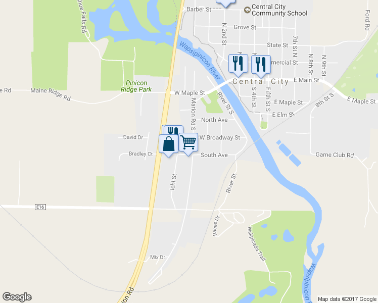 map of restaurants, bars, coffee shops, grocery stores, and more near 317 Marion Road South in Central City