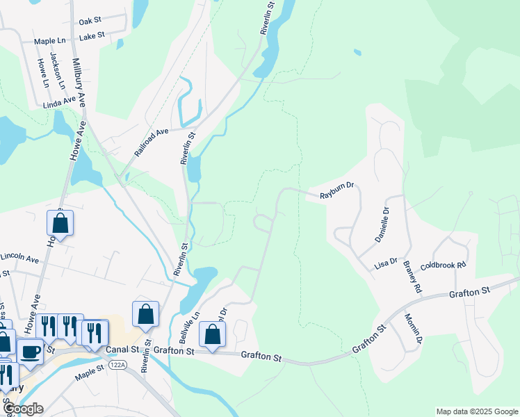 map of restaurants, bars, coffee shops, grocery stores, and more near 59 Carousel Drive in Millbury