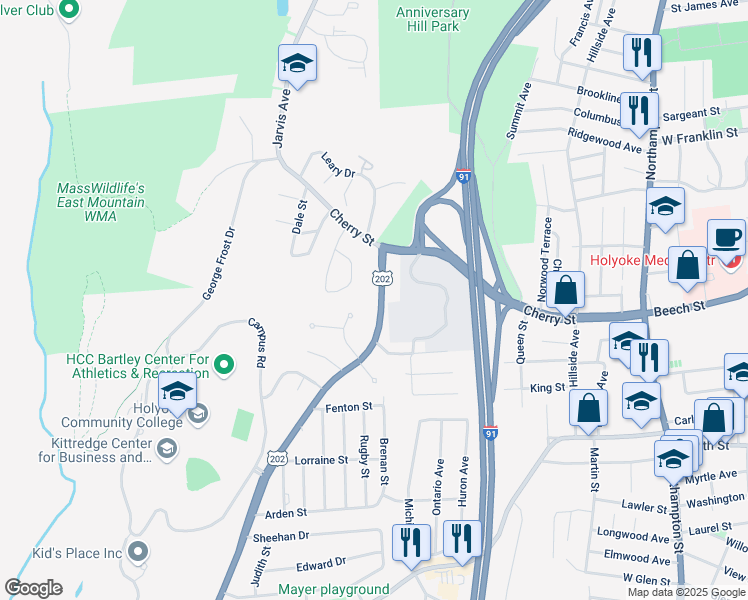 map of restaurants, bars, coffee shops, grocery stores, and more near 51 Homestead Avenue in Holyoke