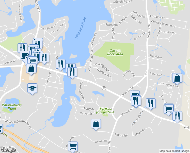 map of restaurants, bars, coffee shops, grocery stores, and more near 25 Westminster Road in Weymouth
