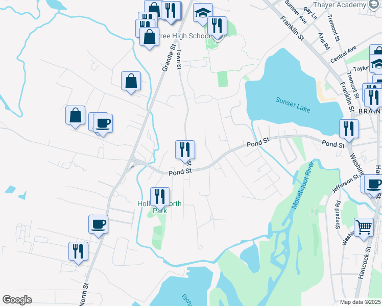map of restaurants, bars, coffee shops, grocery stores, and more near 25 Town Street in Braintree