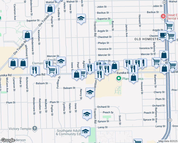 map of restaurants, bars, coffee shops, grocery stores, and more near 14024 Eureka Road in Southgate