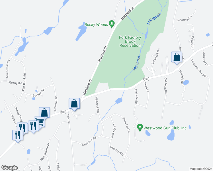 map of restaurants, bars, coffee shops, grocery stores, and more near 95 Main Street in Medfield