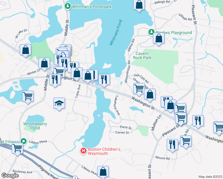 map of restaurants, bars, coffee shops, grocery stores, and more near 986 Washington Street in Weymouth