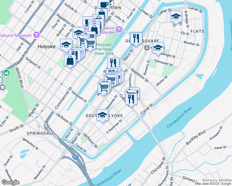 map of restaurants, bars, coffee shops, grocery stores, and more near 61-65 Cabot Street in Holyoke