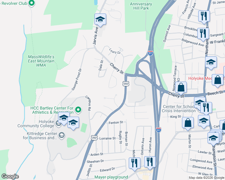 map of restaurants, bars, coffee shops, grocery stores, and more near 24 Maple Crest Circle in Holyoke
