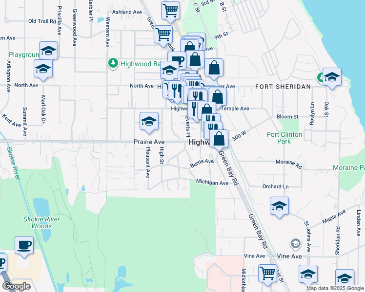 map of restaurants, bars, coffee shops, grocery stores, and more near 115 Prairie Avenue in Highwood