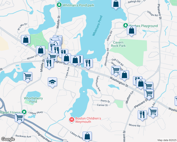 map of restaurants, bars, coffee shops, grocery stores, and more near 957 Washington Street in Weymouth