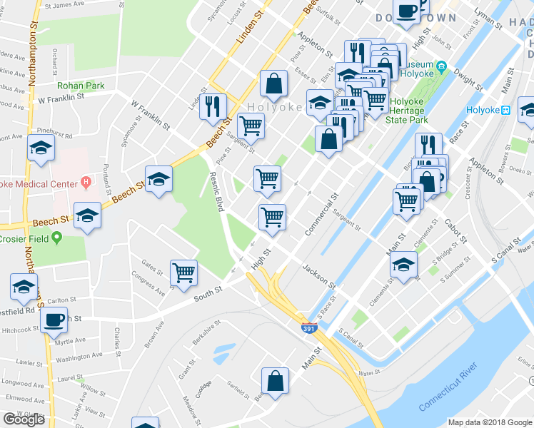 map of restaurants, bars, coffee shops, grocery stores, and more near 475 Maple Street in Holyoke
