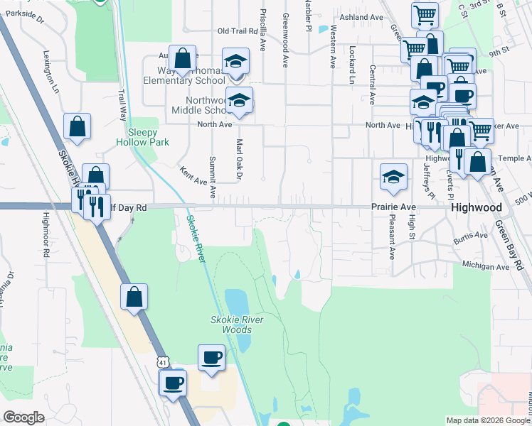 map of restaurants, bars, coffee shops, grocery stores, and more near 986 Half Day Road in Highland Park