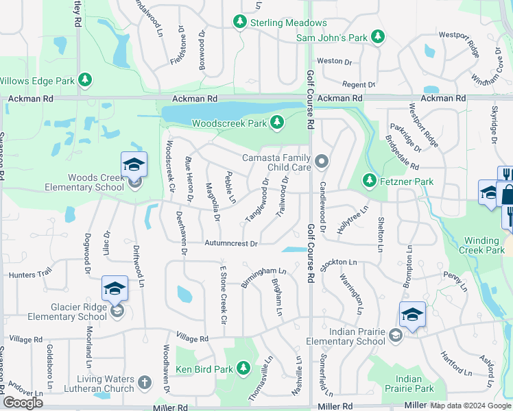 map of restaurants, bars, coffee shops, grocery stores, and more near 1514 Tanglewood Drive in Crystal Lake