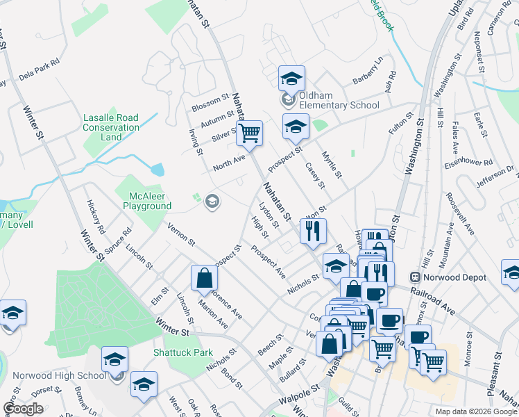 map of restaurants, bars, coffee shops, grocery stores, and more near 40 Lydon Street in Norwood